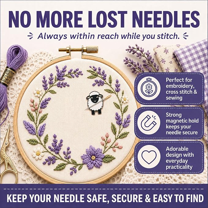 The Quilted Bear Magnetic Needle Minder, Sheep | Enamel Needle Keeper for Embroidery & Cross Stitch, Secure Holder for Sewing Needles & Pins, Strong Magnet, Sewing Accessory