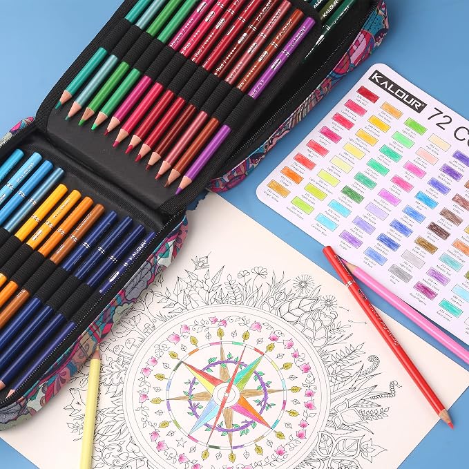 KALOUR 72 Colored Pencils for Adult Coloring Book,With Coloring Book,Zipper Slot Pencil Case,with Sharpener,Soft Core,7 Metallic Color,Ideal for Layering Blending,for Artists Beginners Kids(Pink)