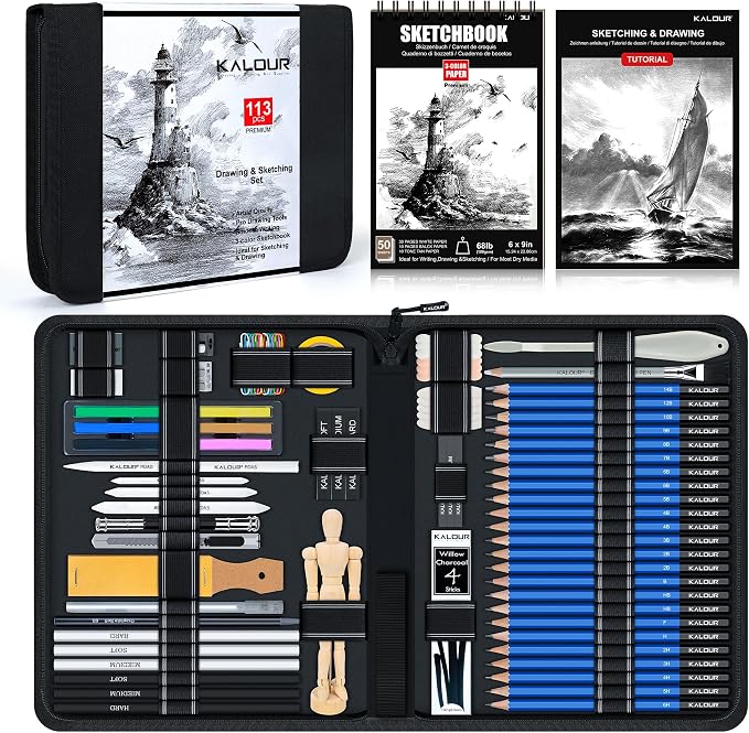KALOUR 113PCS Drawing Set, Professional Sketching Kit with 3-Color Sketchbook,Graphite & Charcoal Pencils, Wooden Mannequin, Art Tools in Zipper Case, Art Supplies for Beginners & Artists Gift