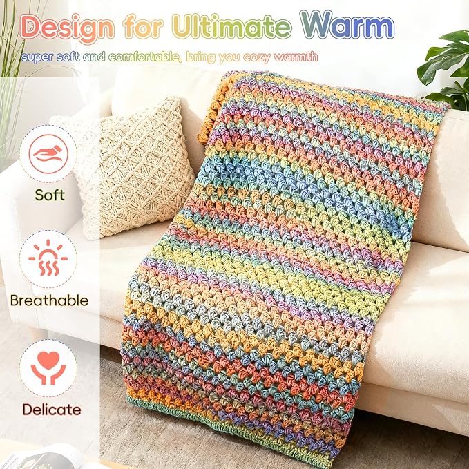 Aeelike Crochet Blanket Kit for Beginner, Easy Blanket Crochet Kit, Rainbow