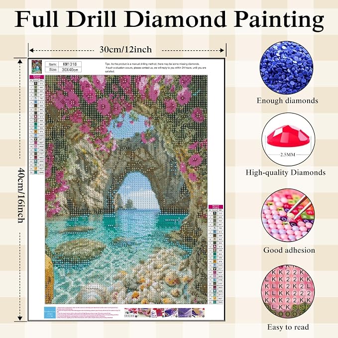 Ocean Flower Diamond Painting Kits for Adults, Landscape Diamond Art Kits | DIY Full Round Drill Gem Painting Coastal Beach Paint by Diamonds Relaxing Craft for Home Wall Decor 12x16In