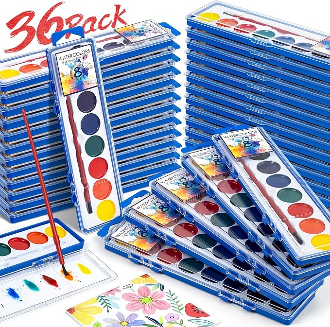36 Pack Watercolor Paint Set, Washable Water Color Paint Bulk for Kids | Water Paint with Brushes, Ideal Gifts for Party Favors, School Supplies & Classroom Prizes, Art Activities, 8 Colors