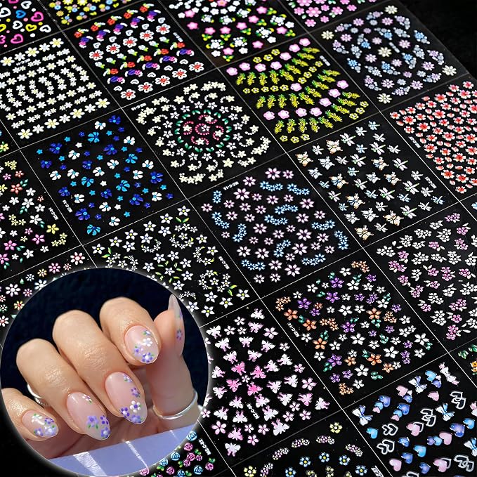 SPLOCUDU Colorful Cute Daisy, Floral, Heart, Flower Nail Art Stickers Decals, 3D Self Adhesive Supplies, Design Decoration Accessories for Women and Girls, 30 Sheets
