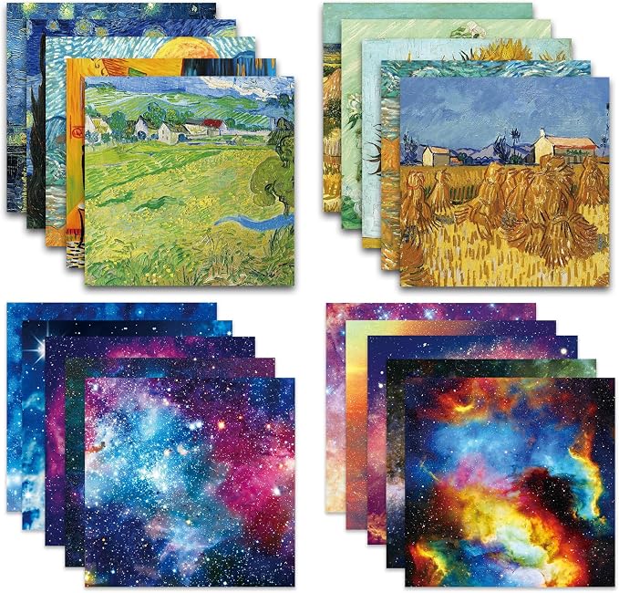 Origami Paper Kit 100 Sheets, 6x6 Inch Double Sided 40 Vivid Colored Paper | 70GSM Colorful Paper,40 Different Pattern Origami Kit,DIY Hand Crafts,Arts Creativity,Easy to Fold,No-Fading.Gogh Starry Sky