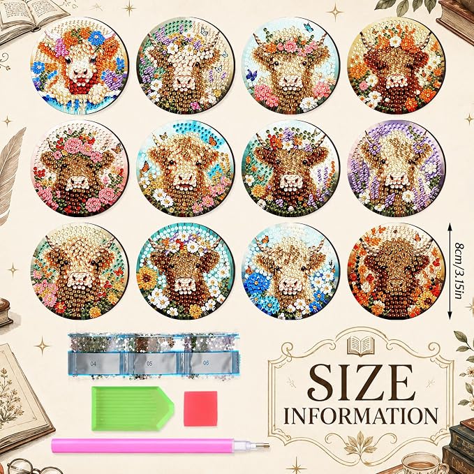 Zonon 12 Pcs Highland Cow Diamond Art Magnets, Diamond Painting | Easy DIY Kits for Adults, Magnetic Animal Stickers for Fridge, Stress Relief Craft Activity, Home Decoration Accessories