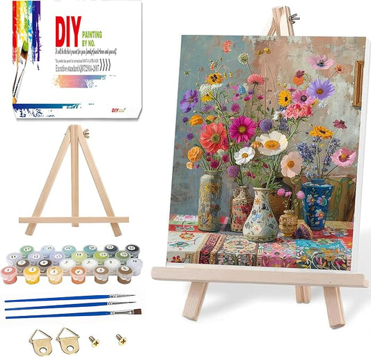 Ausanrl Flowers Framed Paint by Numbers Wooden Easel-Adult Paint by Number Kits on Canvas Framed,Paint by Number Adult,Paint by Numbers with Frame,Gifts and Home Wall Decor 12x16inch
