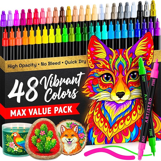 ARTISTRO Dual-Tip Acrylic Paint Marker Pens - Set of 48 | For Fabric, Rock, Glass, Wood, & Coloring Books, Arts & Crafts Gift, Classroom Must Haves & School Supplies (Dot & Fine Tips)