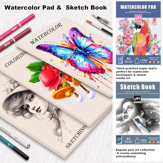 KALOUR 106 Coloring Sketching Kit Set - Art Supplies with Sketchbook & Watercolor Paper - Include Drawing Tutorial, Watercolor,Colored,Metallic,Fluorescent,Sketch Pencils - for Artists beginner