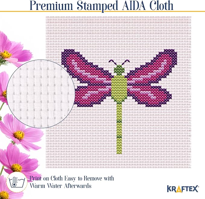 Kraftex Floral Stamped Cross Stitch Kits for Beginners - 3 Pack. DIY Embroidery Needlepoint Patterns for Adults. Easy Cross Stitch Kits for Beginners (Garden Creatures)