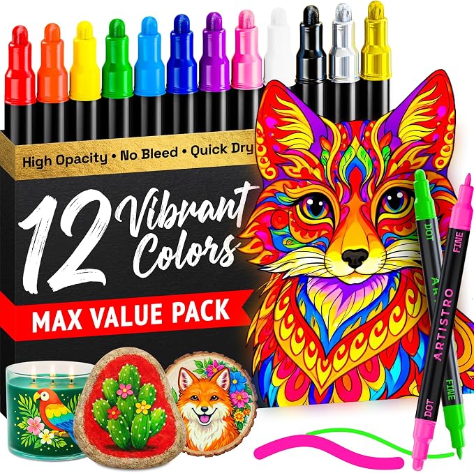 ARTISTRO Dual-Tip Acrylic Paint Marker Pens - Set of 12 | For Fabric, Rock, Glass, Wood, & Coloring Books, Arts & Crafts Gift, Classroom Must Haves & School Supplies (Dot & Fine Tips)