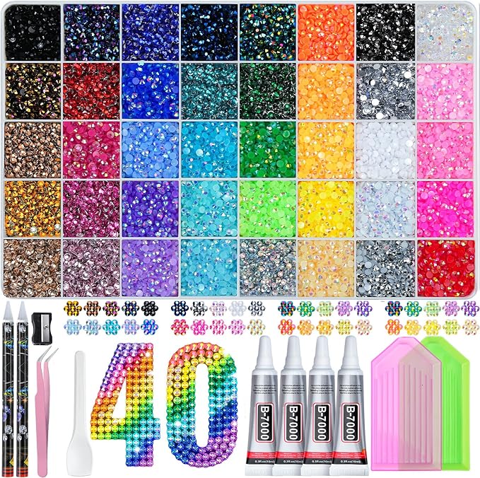 50000Pcs Bedazzling Kit with Rhinestones 3mm, 40 Colors Bedazzler Kit Resin Rhinestones Nail Gems & Glitter Gem Art Supplies, Diamond Art Kits Accessories with Pickup Pen, 4pcs 10ml B7000 Glue