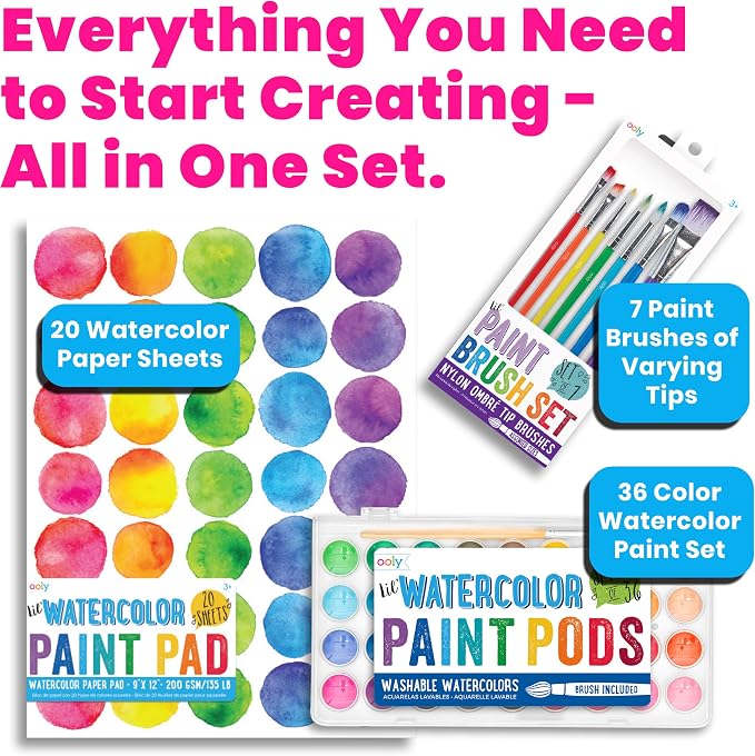Ooly Lil' Watercolor Complete Bundle, 36 Color Pods & 7 Brushes | Ages 3+, 36 Color Pods, 7 Easy-Dry Brushes, 20 Sheets of 200 GSM Paper, Complete Watercolor Set for Kids and Children