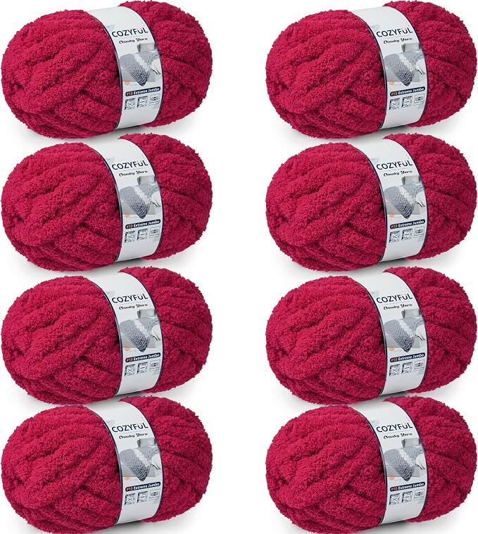 Cozyful Chunky Yarn for Hand Knitting - #10 Chunky Chenille Yarn, Jumbo Big Thick Chunky Yarns for Crocheting, Super Bulky Chunky Knit Blanket Yarns, 8 Skein (22 yds 8 oz Each Skein), Cherry Red