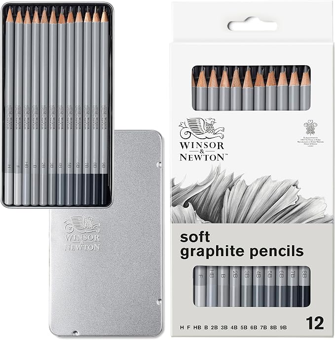 Winsor & Newton Studio Collection, Graphite Pencils, Set of 12 | Soft, Thick Core pencils, Varied Hardness, Soft Smooth Texture, Easy Blending, Stylish Metal Tin Included, High Quality Lead