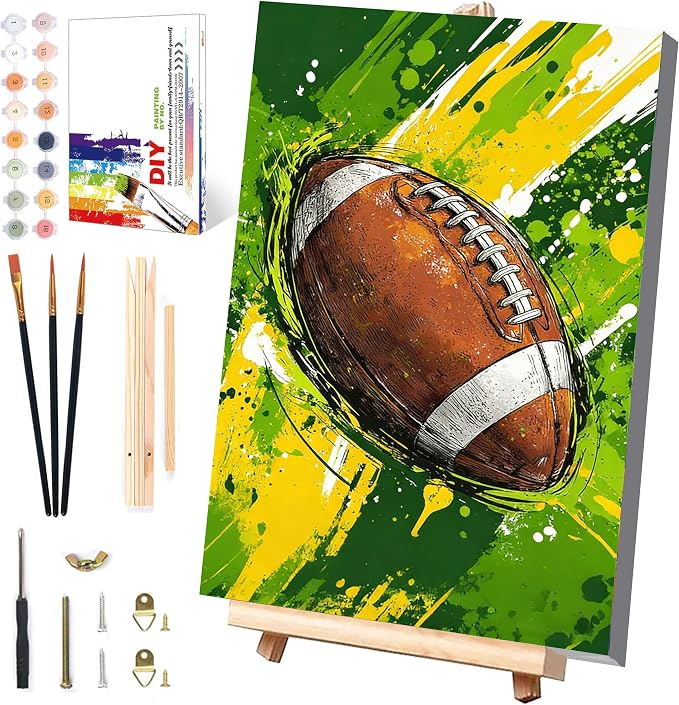 Football Paint by Numbers Kit for Kids with Framed Canvas - Wooden Easel | Ball Sports Paint by Numbers for Kids Ages 8-12, Acrylic Oil Painting Kits with Nice Gift Box for Wall Decor (12x8 inch)