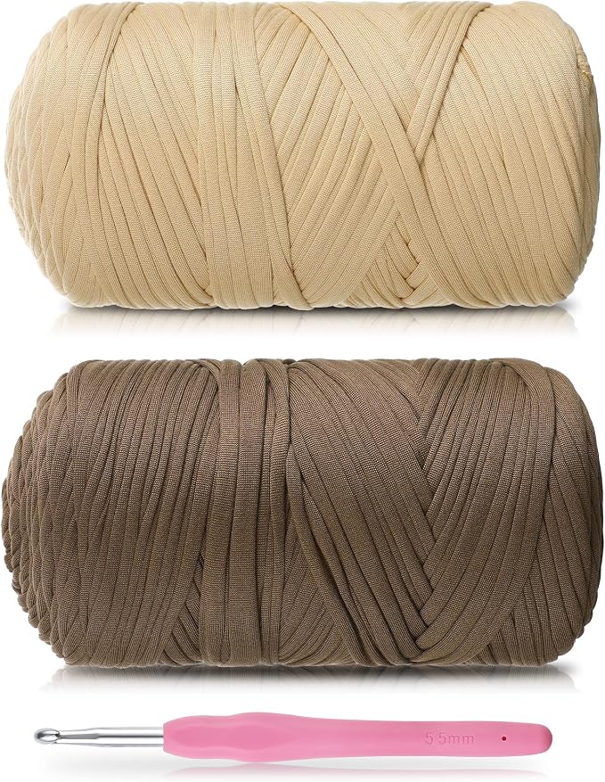 2 Pack T-Shirt Yarn - Together 800g/236 Yards Elastic Fabric Crochet Cloth T-Shirt Yarn, Thick Hand Knitting Yarns for Crocheting Bags/Rugs/Baskets/Craft Project (Modern, Khaki+Coffee)