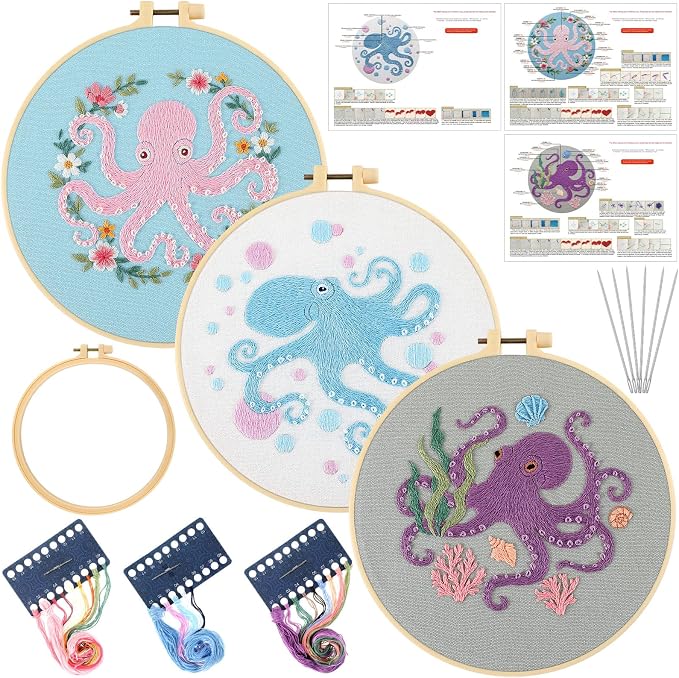 Mindsoft 3 Set Needlepoint Kit for Beginners with Hoop,Octopus | Bamboo Hoop Thread Needles Instructions, Easy Hand Embroidery for Beginners Home Crafts,Pre-stamped Funny Cute Designs