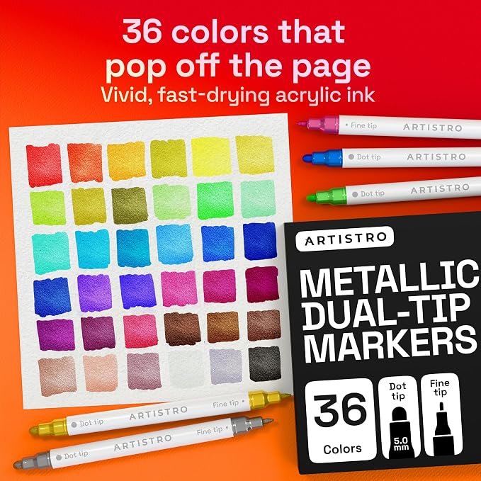 ARTISTRO Metallic Dual-Tip Acrylic Paint Marker Pens - Set of 36 | For Fabric, Rock, Glass, Wood, & Coloring Books, Arts & Crafts Gift, Classroom Must Haves & School Supplies (Dot & Fine Tips)