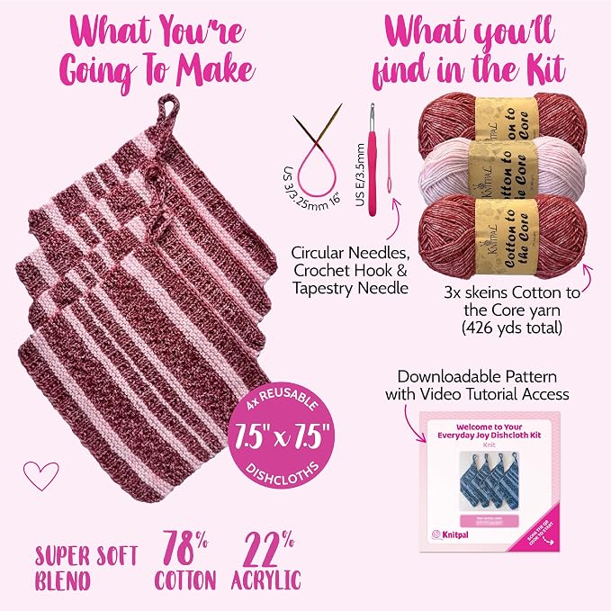 KnitPal Dishcloth Knitting Kit for Beginners (Cherry Red + Blush Pink)