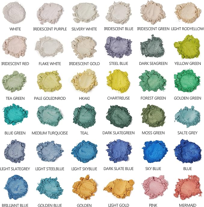 Mica Powder, 108 Colors (10g), Pigment for Epoxy Resin, Soap, Bath Bomb | Complies with ASTM D-4236| 36 Original Colors and 36 Pastel Colors and 36 Fine Glitter Powder