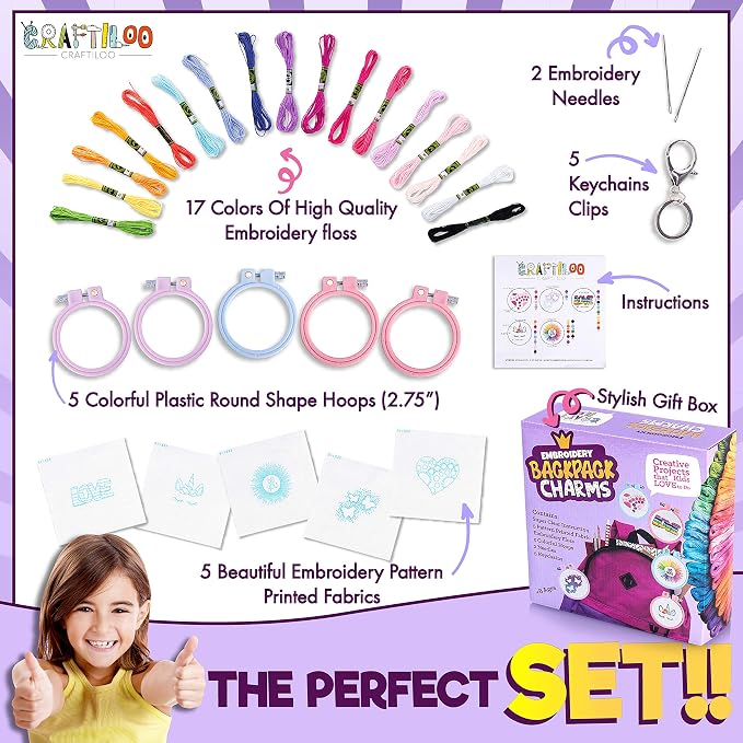 CRAFTILOO Embroidery Kit for Kids - 5 Stamped Beginner Needlepoint Projects