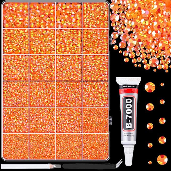 25000Pcs Resin Rhinestones for Crafting, Orange AB 2-6mm Mixed Sizes Non Hotfix Flatback Gems with 1Pcs Glue, Bedazzling Crystal for DIY Craft Clothing Mugs Tumblers Shoes Fabric Decor Nail Art