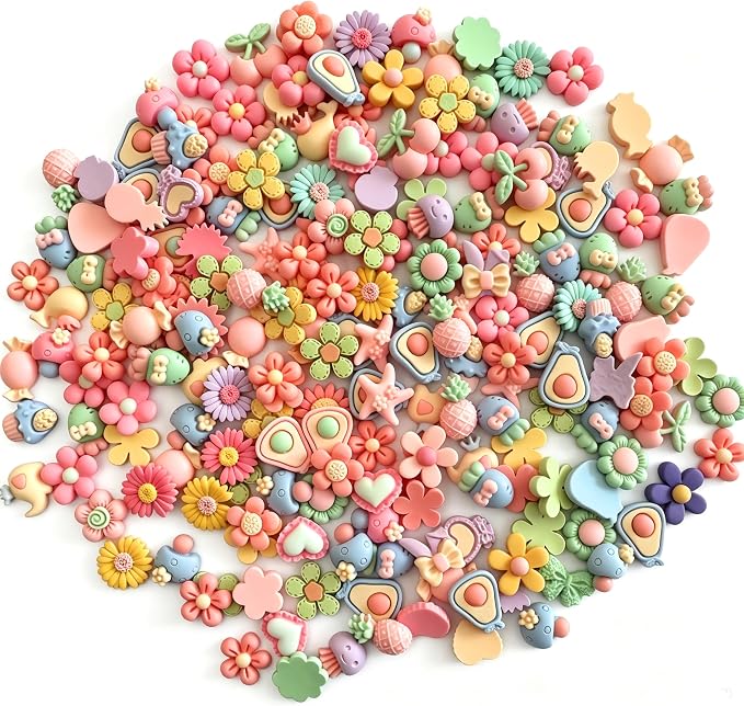 100Pcs DIY Scrapbooking Embellishments,Pink Glitter Resin Accessories, Solid Color Cream Glue Craft Charms for Jewelry Making, New Handmade Supplies (Pink/Green)