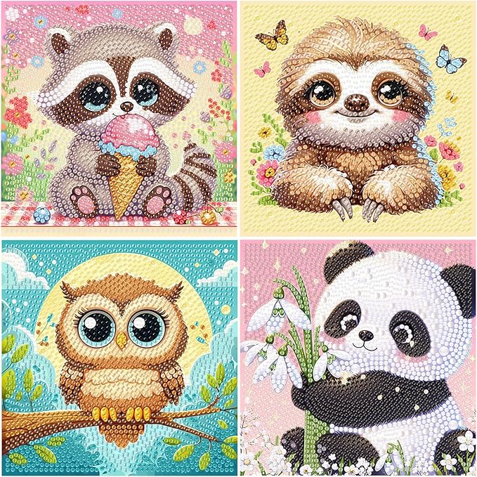 cviokrdu 4 PCS Diamond Art Kits for Kids, Animal Diamond Art for Kids Ages 4 8 12, Cute Sloths Koalas Owls Pandas Gem Art Kit Crafts Beginners for Gift Home Wall Decor(6x6inch)