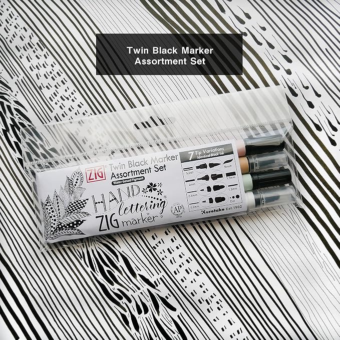 Kuretake ZIG Twin Marker BLACK 4 Assortment set for Hand Lettering, Calligraphy Art, Illustration, Journaling, Cartooning, AP- Certificated, Made in Japan