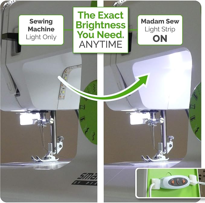Madam Sew LED Sewing Machine Light Strip with USB Dimmer | 12-Inch Trimmable Flexible Strip Stick On Sewing Light, 24 Daylight LED at 6500K with 3 Adhesive Clips | Fits Most Sewing & Quilting Machines