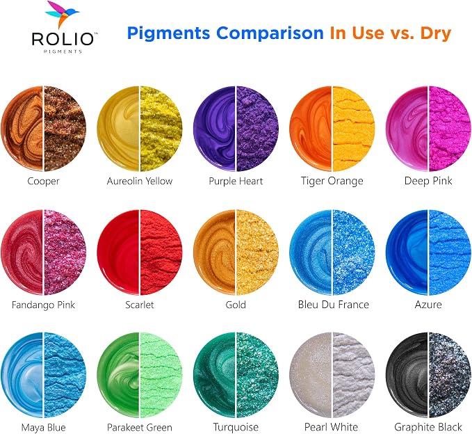 Rolio - Mica Powder Color Pigment Set - Original Set, 5g, 15 Bags | Pearlescent Color Pigments, Resealable Jars for Epoxy Resin, Soap Making, Candles, Slime, Nail Art, and DIY Crafts