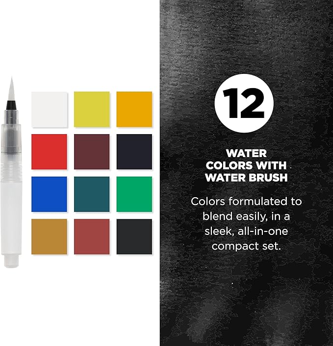 SAKURA XCNW-12H XNCW-12H, 12 Assorted Watercolors Field Sketch Set with Brush | Watercolor Sets for Painting On the Go, Includes Water Brush, Sponge, and Mixing Palette, Portable Travel Art Kit