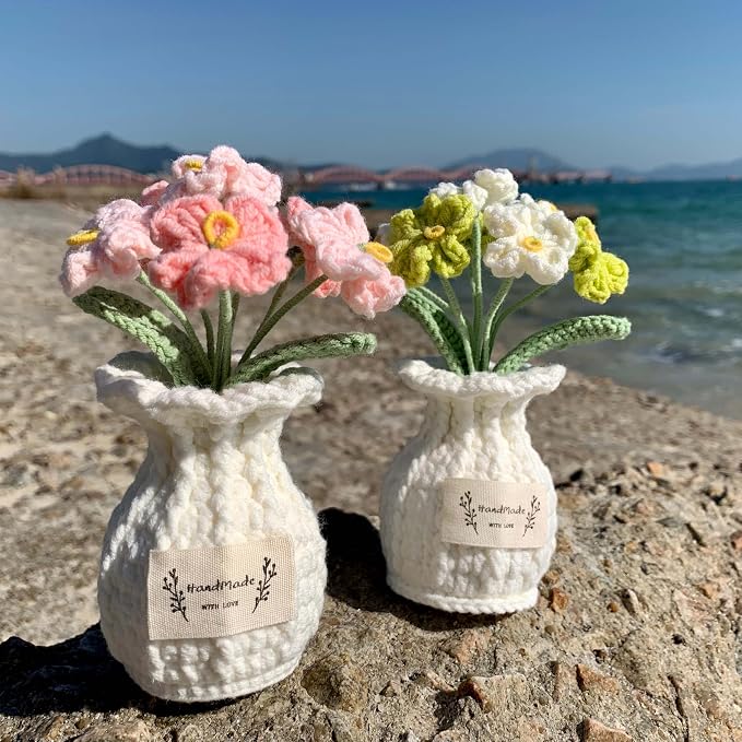 Forget-me-not Crochet Flower Potted Plant Pink - Handmade Desk Decor for Her Girlfriend Wife Mom Friends Sister Graduation Birthday Wedding Anniversary Home Decoration
