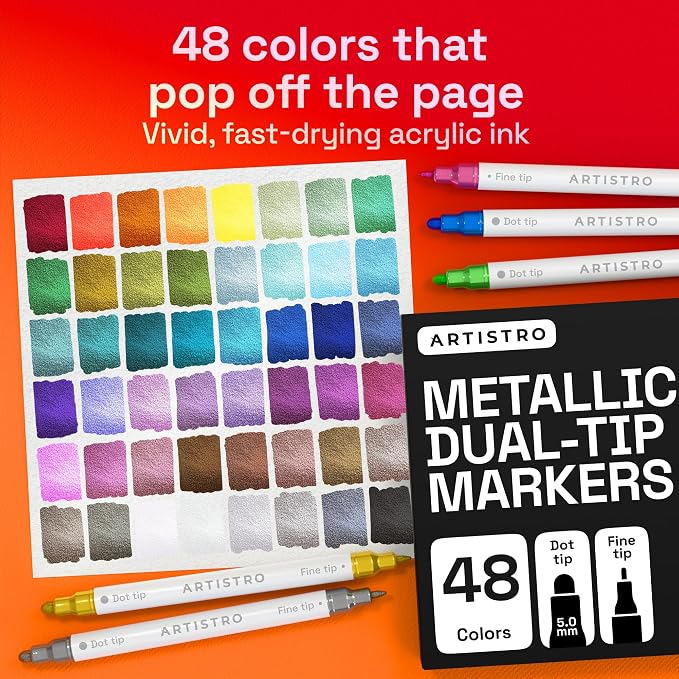 ARTISTRO Metallic Dual-Tip Acrylic Paint Marker Pens - Set of 48 | For Fabric, Rock, Glass, Wood, & Coloring Books, Arts & Crafts Gift, Classroom Must Haves & School Supplies (Dot & Fine Tips)