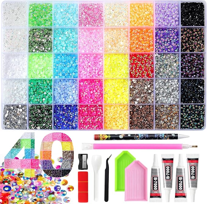50000Pcs 40 Colors Resin Jelly Rhinestones for Bedazzling, 3mm Multicolor Flatback Gems for Crafting, Bedazzler Kit with 4Pcs 10ml B7000 Glue&Tool for Clothes Book Shoes Nails Art Makeup