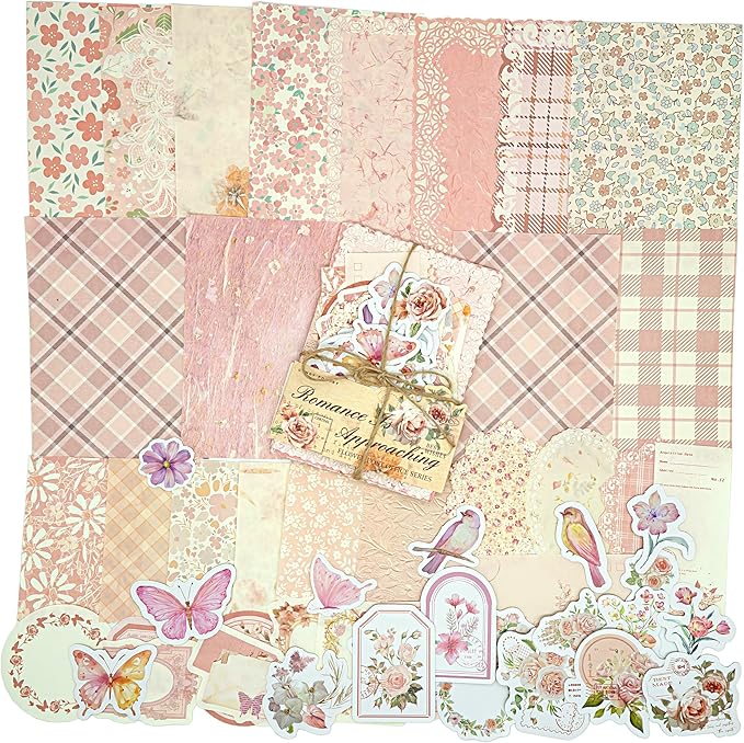OKUPAN Vintage Floral Scrapbook Paper & Journaling Stickers (100pcs) Assorted Set (Pink) - Scrapbook Supplies Kit for Bullet Journaling, Retro Crafts, Planner, Mixed Media, Collage Card Album