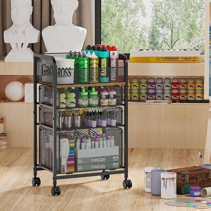 4-Tier Rolling Utility Cart with 3 Drawers-Craft Organizers and Storage with 360° Lockable Wheels,Art Supply Storage Organizer for Art Supplies, Store for Brushes & Paints & Artifacts Patent Pending