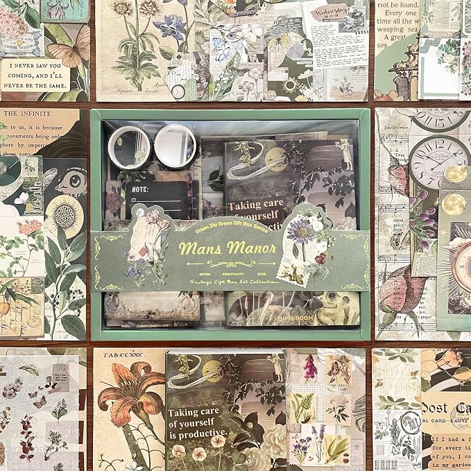 BoomTeck Vintage Scrapbooking Kit, Aesthetic Junk Journal Supplies with Scrapbook Paper, Washi Stickers, A6 Grid Notebook - DIY Craft Journaling Gift for Teen Girl Adult (Green)