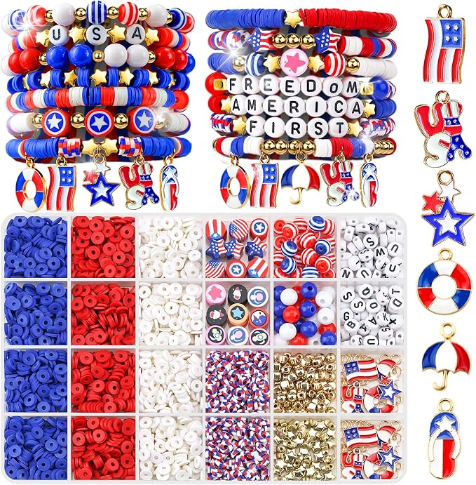 Gionlion 4th of July Decorations Bracelet Making Kit with Patriotic Letter Beads, Red White and Blue Clay Beads for Independence Veterans Day Party Favors, DIY Gifts with America Flag