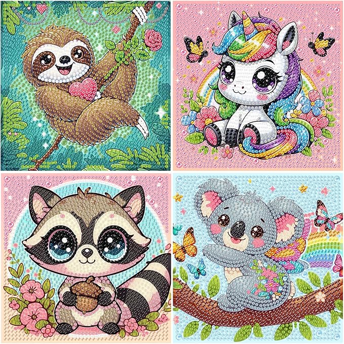 cviokrdu 4 PCS Diamond Art Kits for Kids, Animal Diamond Art for Kids Ages 4 8 12, Cute Sloths Koalas Raccoons Gem Art Kit Crafts Beginners for Gift Home Wall Decor(6x6inch)
