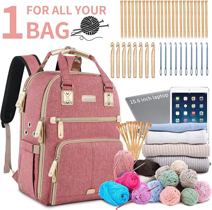SINVICKO Crochet Bag, Knitting Bag Backpack and Totes Organizer with USB Charging Port, Large Yarn Storage Tote Bag