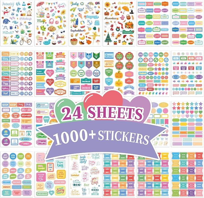 1000+ Holiday Seasonal Daily Monthly Planner Stickers for Women Men - Scrapbooking Supplies 24 Pages Sticker Book for Calendar Vision Board, Removable & Repositionable Junk Journal Supplies for Adults