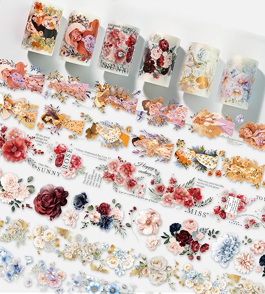 Floral PET Washi Tape Set - 6 Roll Wide PET Tape for Scrapbook Supplies,Character Decorative Girls Sticker,Flower Stickers, Bullet Journals Materials,Planner Arts Craft Collage