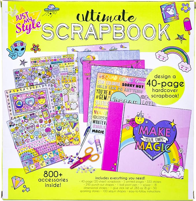 Just My Style Ultimate Scrapbook, Personalize and Decorate A 40-Page DIY Scrapbook, Great for Travel, Road Trips & On-The-Go, Memory Keeper Scrap Book for Kids & Tween Ages 6, 7, 8, 9,Beige