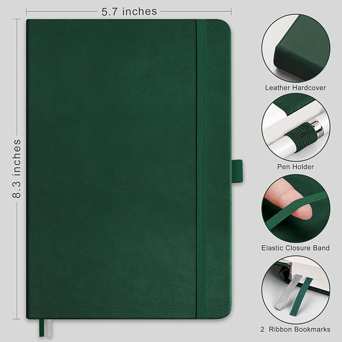 RETTACY Dotted Journal Notebook, 192 Pages, A5 Medium Size (5.7'' x 8.3'') | Leather Hardcover, 100 GSM Thick Paper, for Journaling, Planning, Tracking (Dark green)
