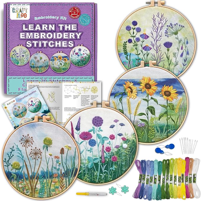 Embroidery Kit for Beginners Adults - 4 Floral Patterns, Learn 17 Stitches