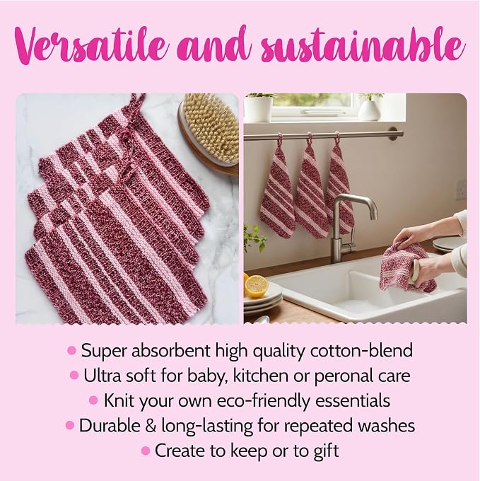 KnitPal Dishcloth Knitting Kit for Beginners (Cherry Red + Blush Pink)