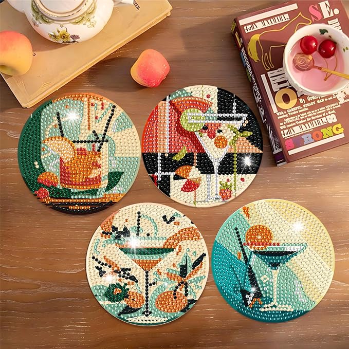 Ycydilirab 8 Pcs Cocktail Diamond Art Coasters with Holder,Cocktail Diamond Art Kits for Adults,Diamond Painting Coasters Kit for Gift