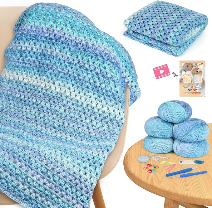Aeelike Crochet Blanket Kit for Beginners, Easy Crochet Kits, Blue Gradient
