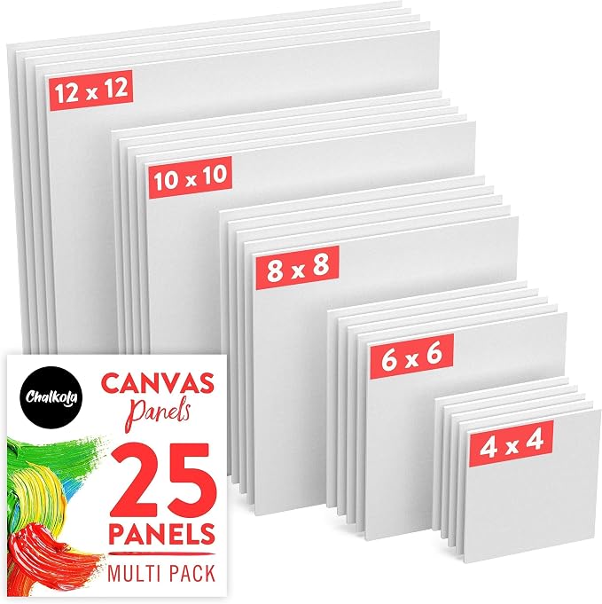 Chalkola Paint Canvases for Painting Multipack - 25 Pack Square Canvas Panels - 4x4, 6x6, 8x8, 10x10, 12x12 inch (5 Each) - 100% Cotton, Primed, Acid Free Art Canvas Boards for Painting | Square Boards - 4x4, 6x6, 8x8, 10x10, 12x12 inch (5 Each) - 100%...